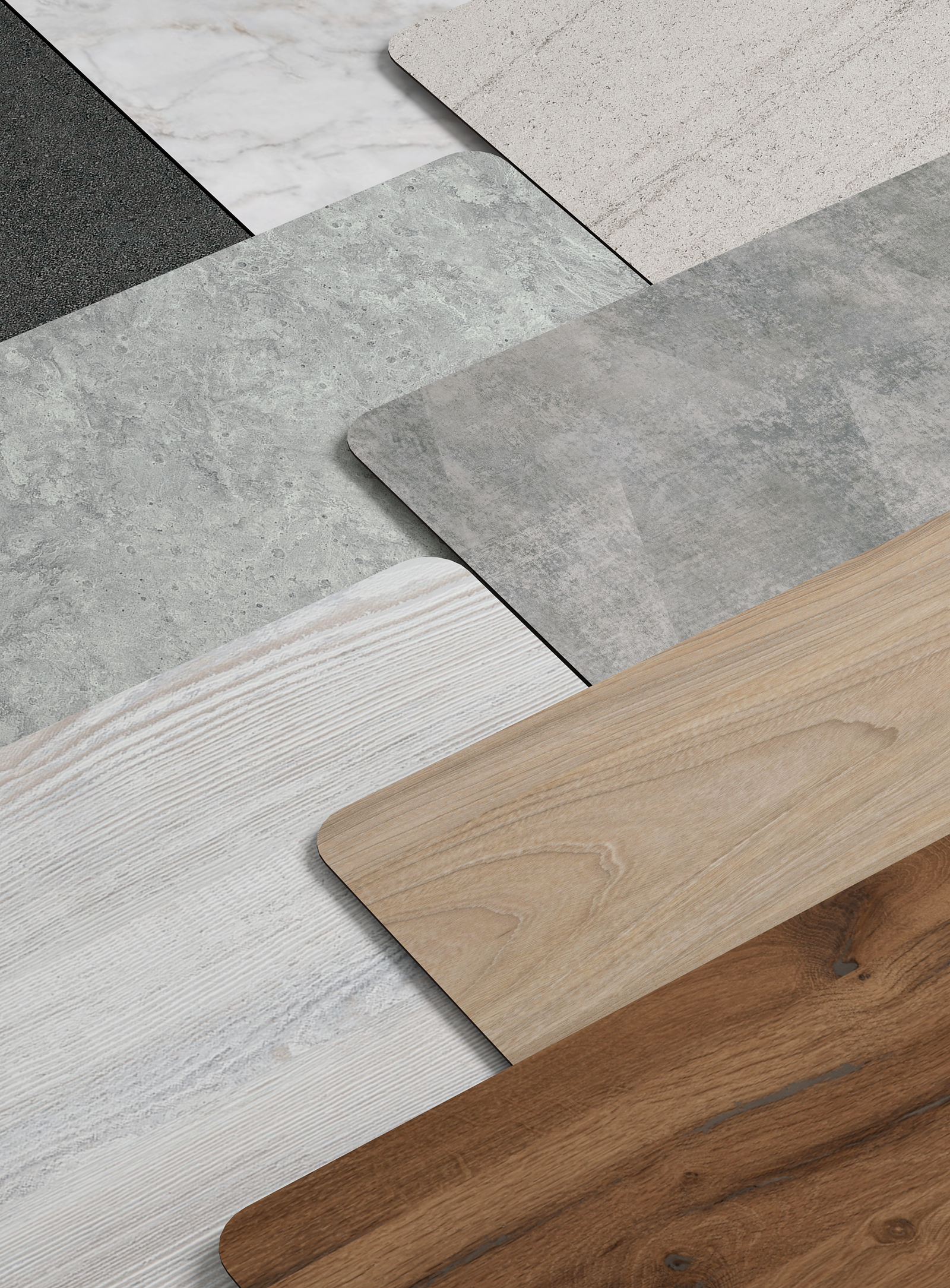 Worktop and countertop samples from the Mood Stories Comfort Collection