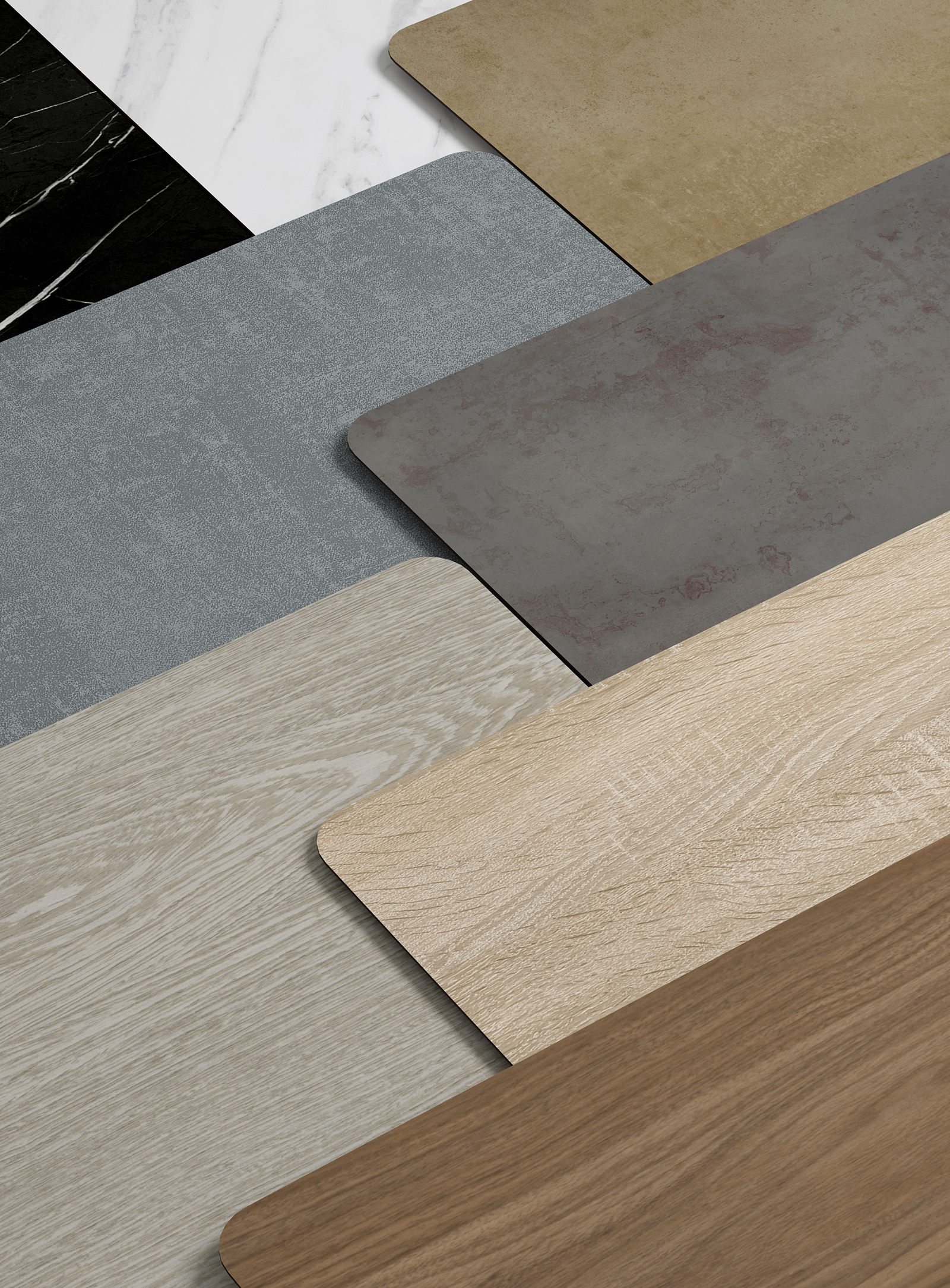 Samples of laminate board and HPL decors from the Mood Stories Comfort Collection